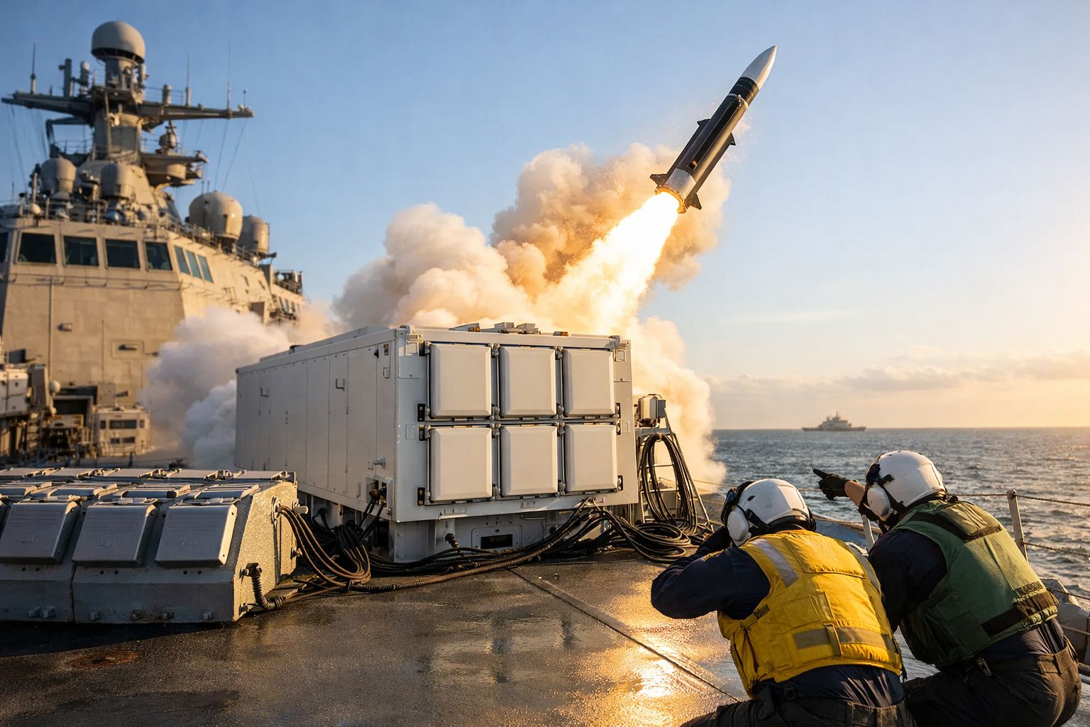 Lançamento de míssil de um navio militar com dois operadores a observar no convés durante o pôr do sol.