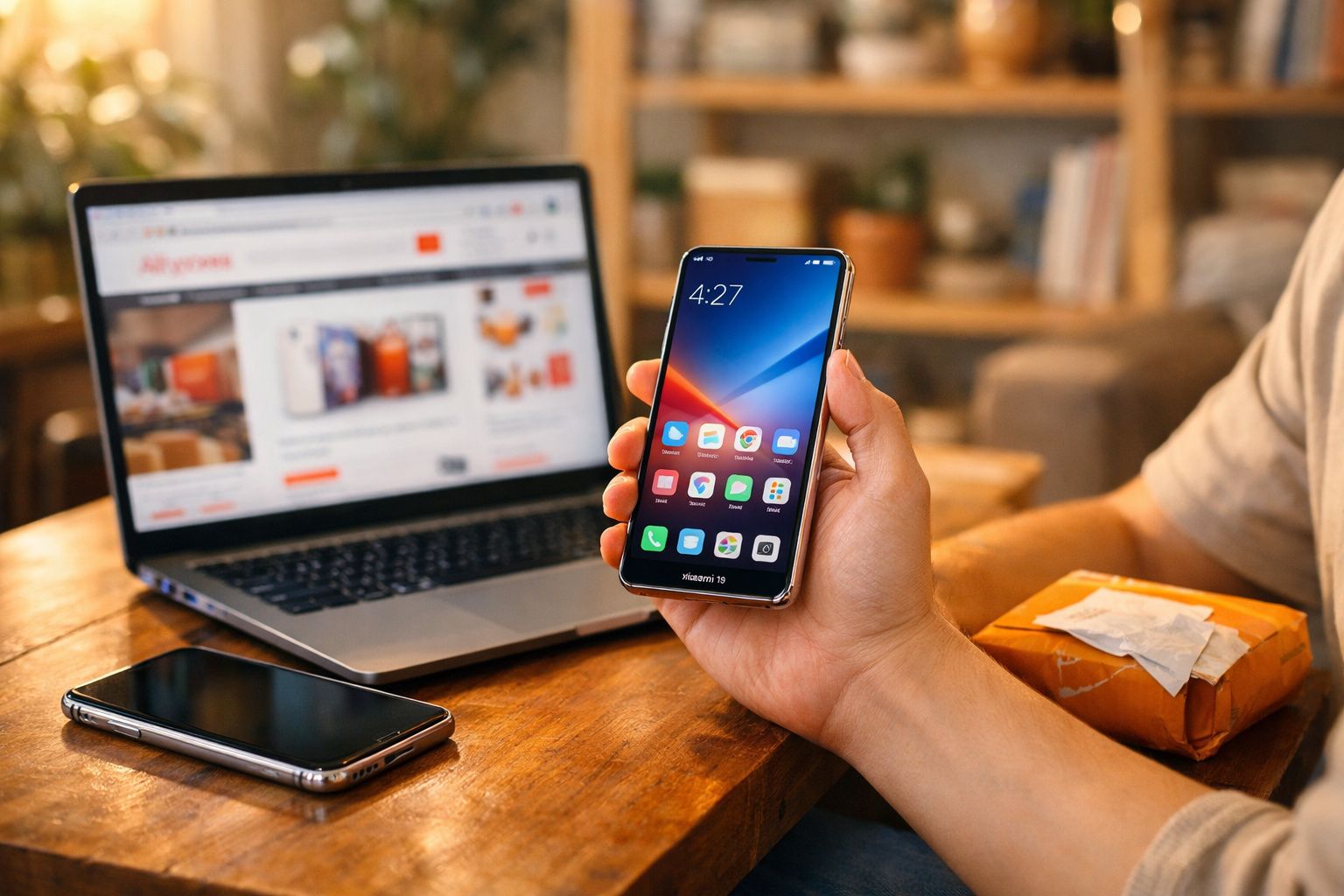 Pessoa a segurar um smartphone com ecrã ligado, computador portátil aberto e outro telemóvel sobre a mesa.