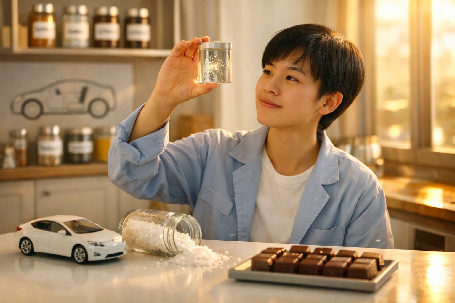 Pessoa observa amostras em laboratório com miniatura de carro e chocolates numa mesa iluminada.