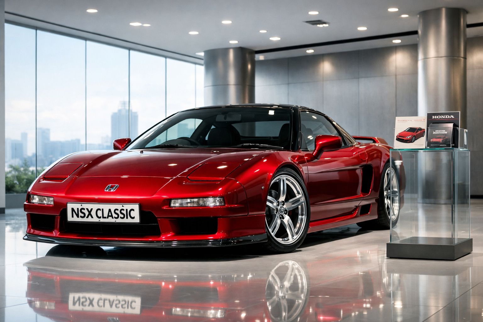 Carro desportivo Honda NSX Classic vermelho exposto em showroom moderno e luminoso.