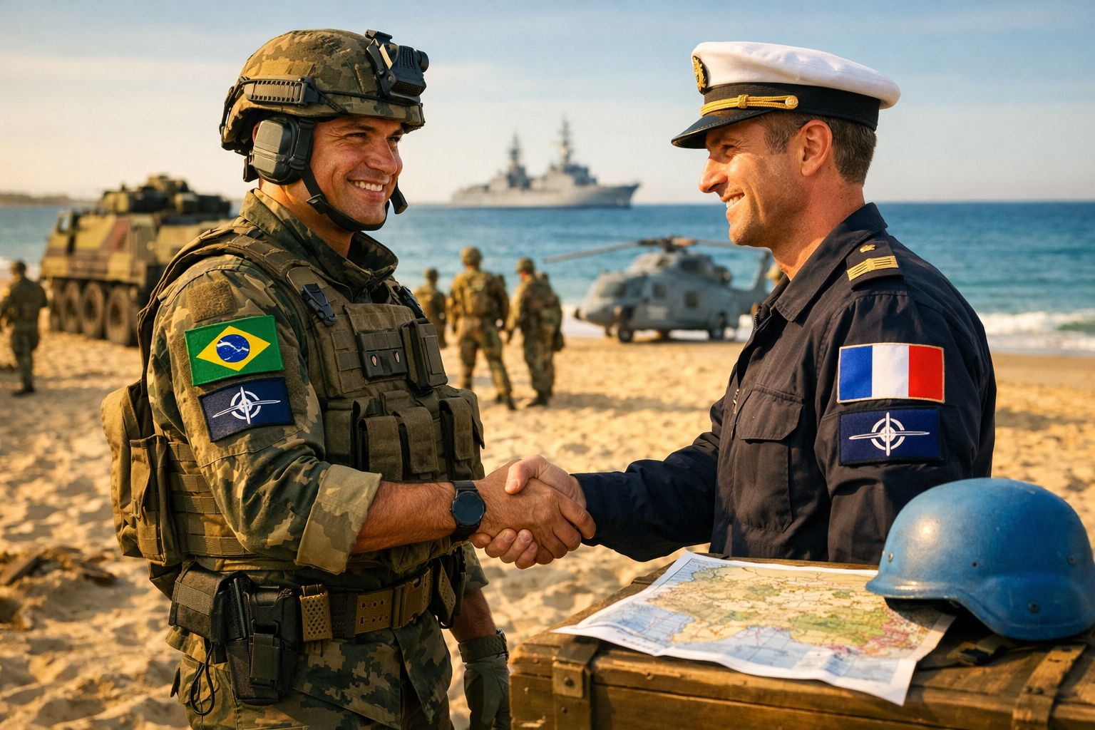 Soldado brasileiro e oficial francês cumprimentam-se numa praia com equipamento militar ao fundo.