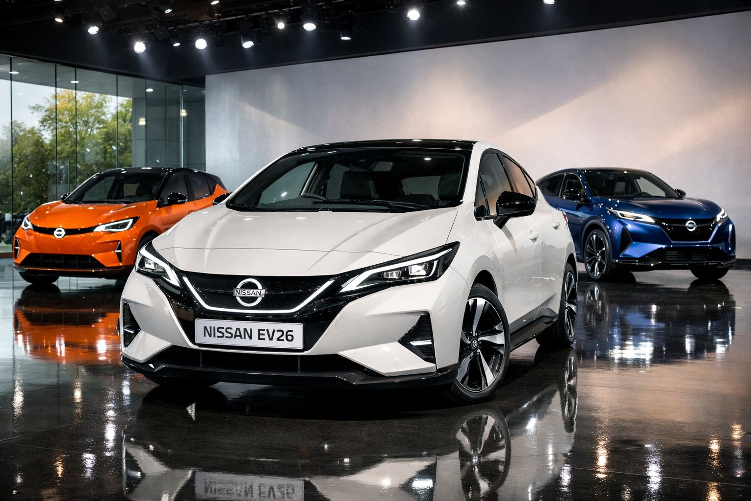 Três carros elétricos Nissan EV26 em diferentes cores exibidos num showroom com piso refletor.