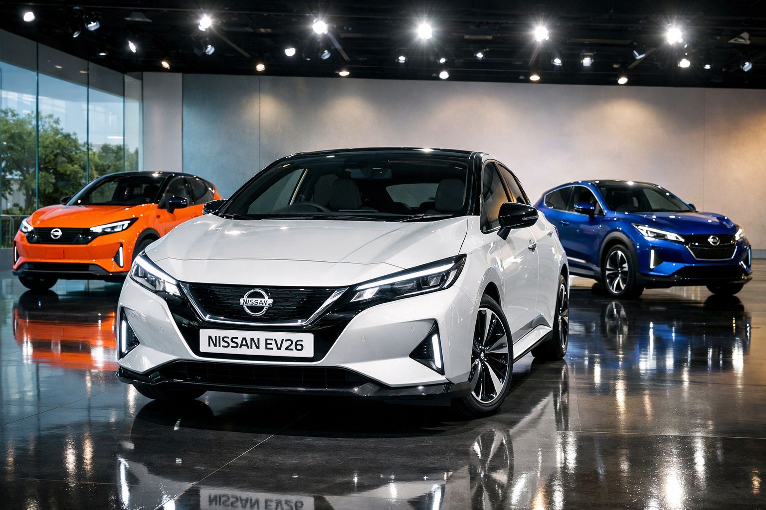 Três carros elétricos Nissan EV26 expostos em sala com chão brilhante e paredes cinzentas.