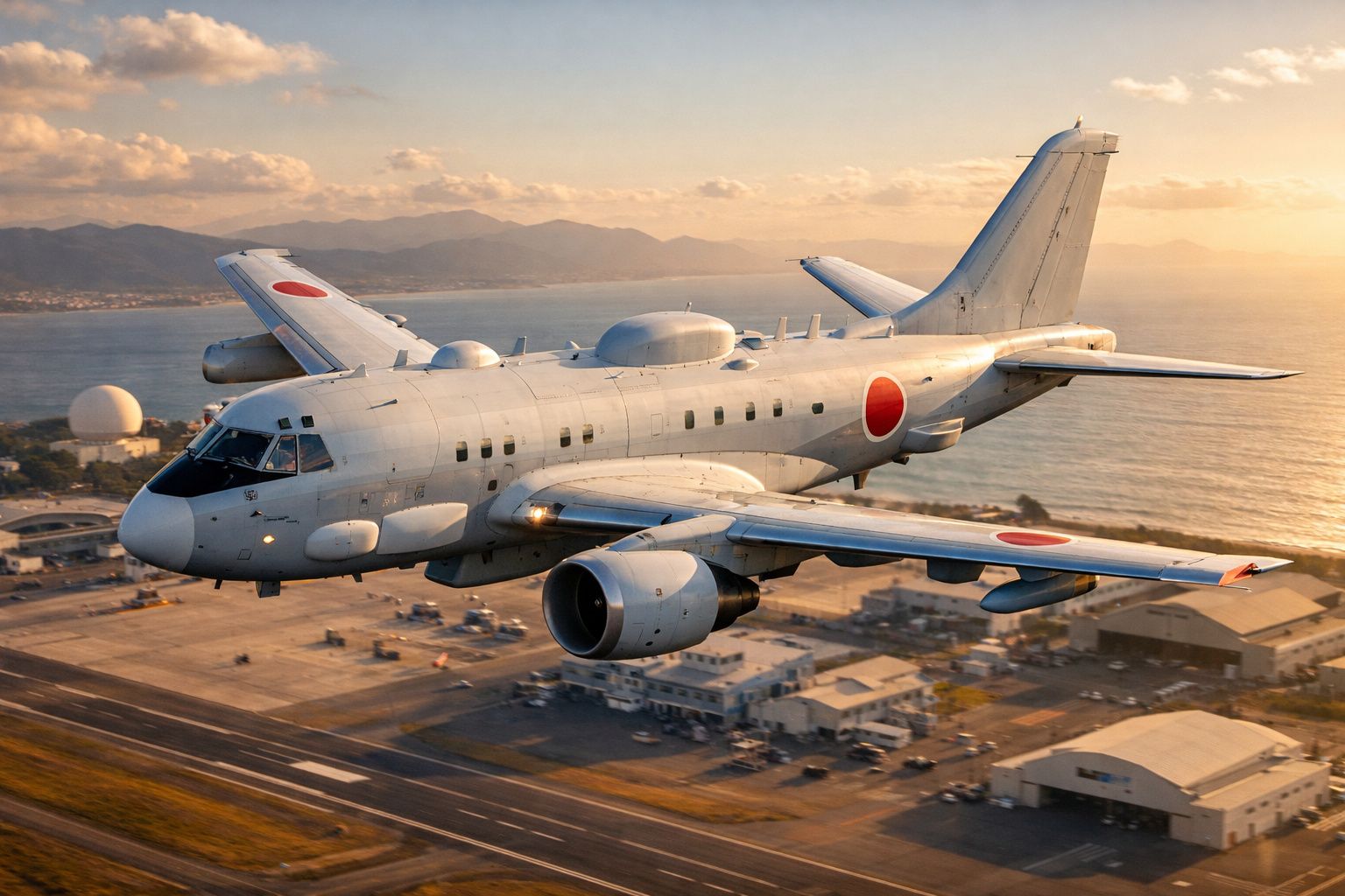 Avião militar japonês em voo baixo sobre área urbana junto ao mar ao pôr do sol.