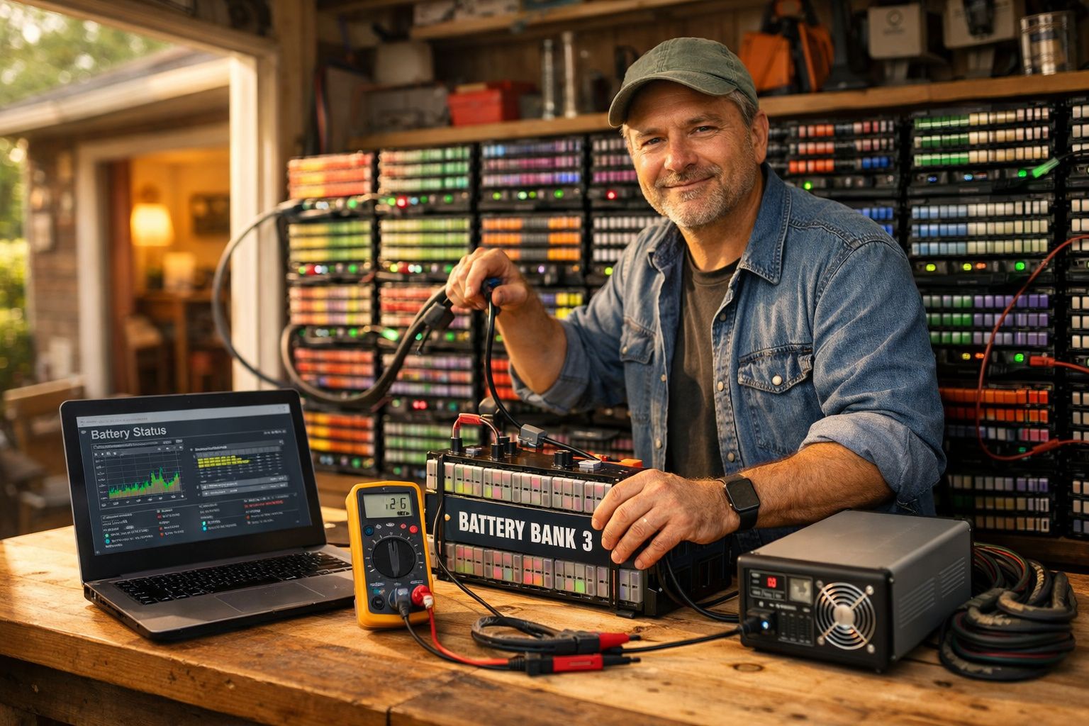 Homem a testar bateria com multímetro e computador, rodeado por várias baterias numa oficina.