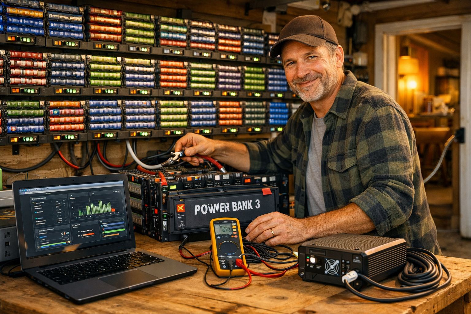 Homem sorridente a testar um power bank com multímetro e laptop num ambiente de trabalho técnico.