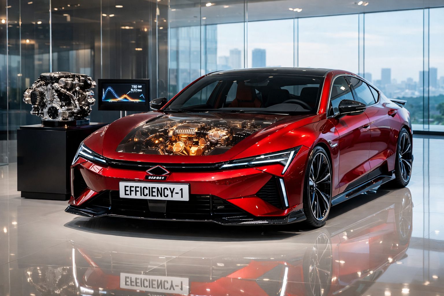 Carro desportivo elétrico vermelho, capot transparente a mostrar o motor, em exposição numa sala moderna.