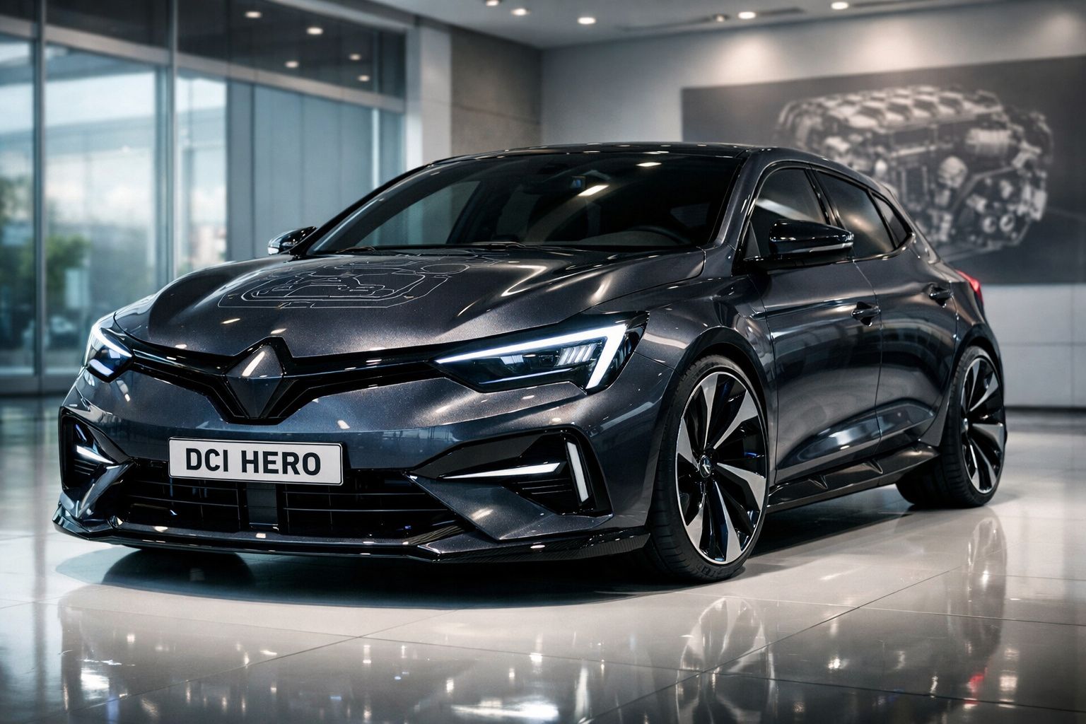Renault DCI HERO cinzento escuro, carro desportivo exposto em showroom moderno com luzes LED acesas.