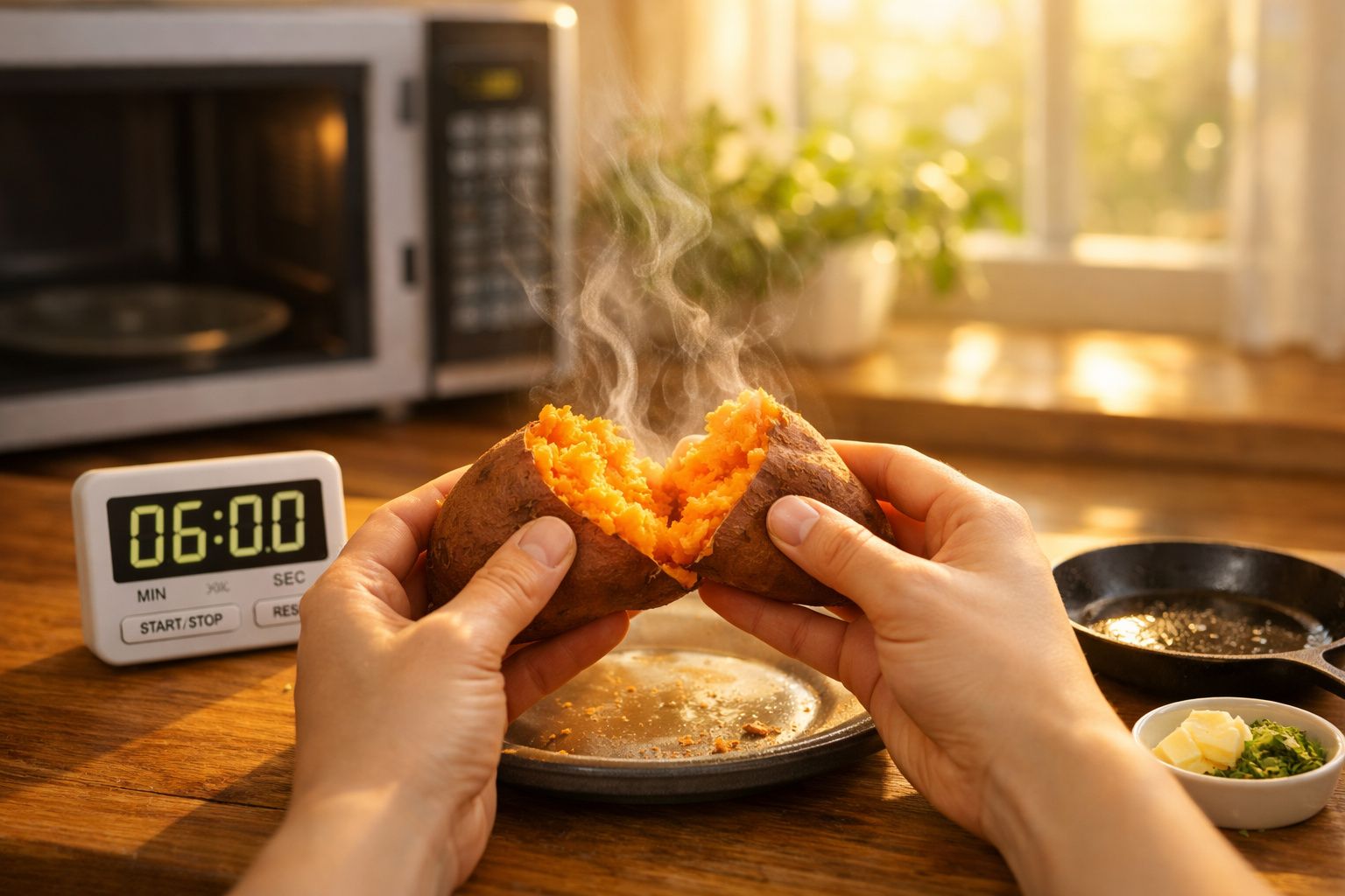 Mãos a partir uma batata doce quente em cima de uma mesa de cozinha com micro-ondas e temporizador.