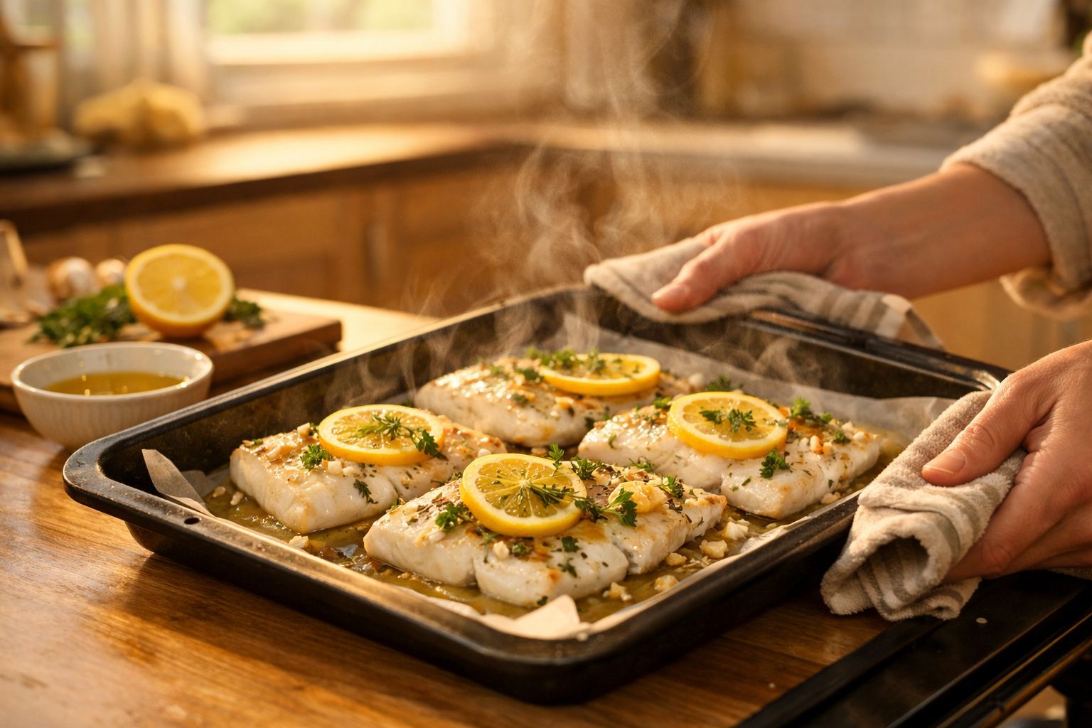 Pessoas a retirar do forno travessa com filetes de peixe cozinhados com limão e ervas aromáticas.