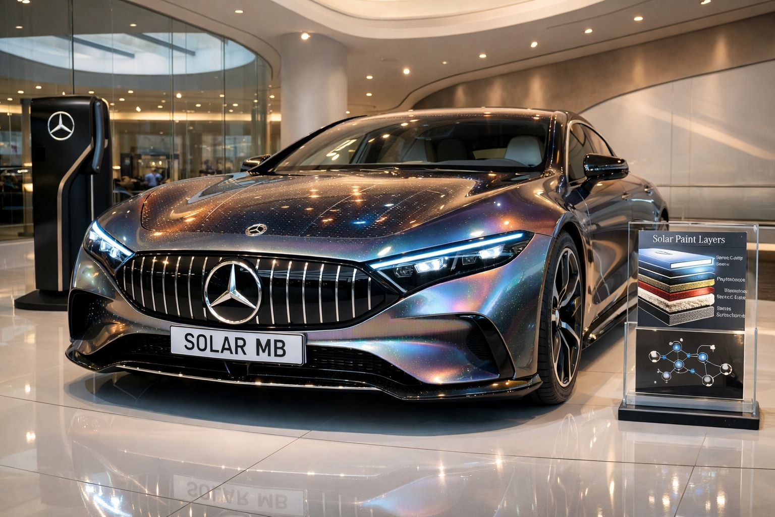 Automóvel Mercedes-Benz com pintura solar iridescente exposto em salão iluminado e moderno.