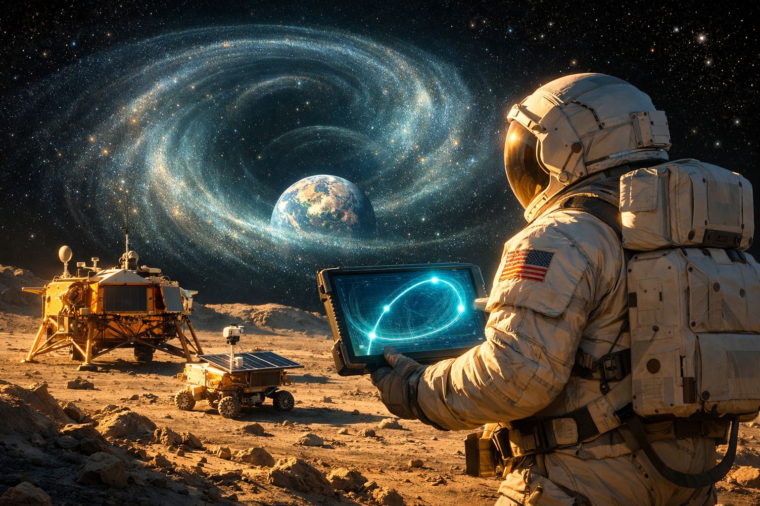 Astronauta na superfície lunar com equipamento tecnológico, Terra e galáxia visível no céu estrelado.