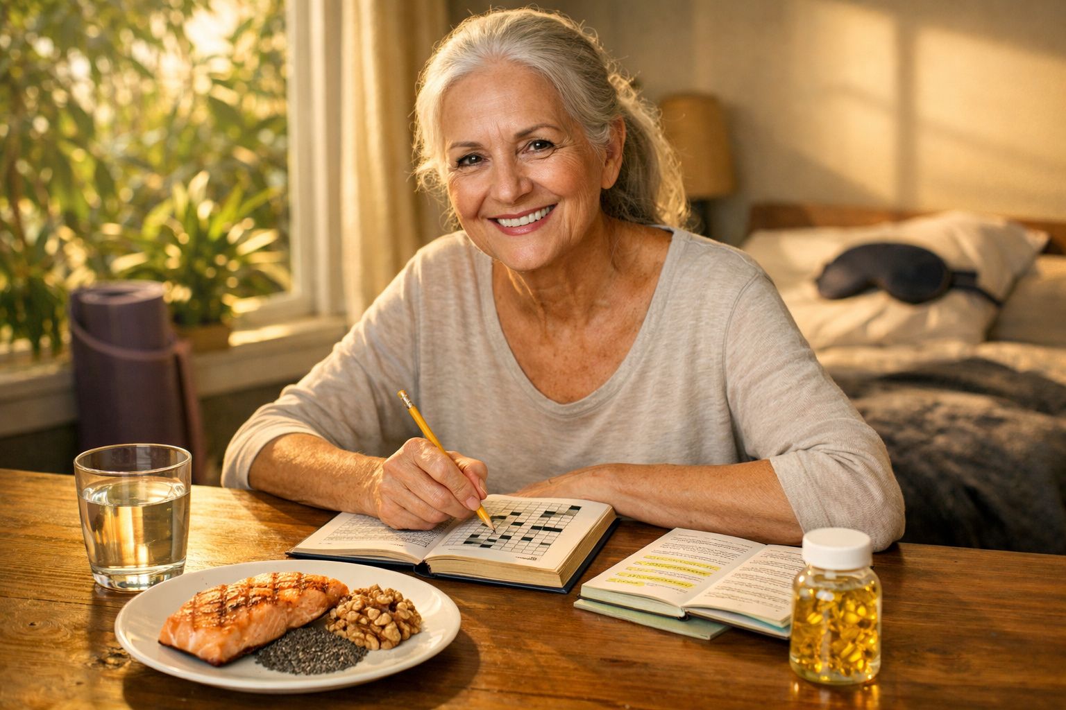 Mulher idosa sorridente a fazer palavras cruzadas à mesa com alimentos saudáveis e suplementos.