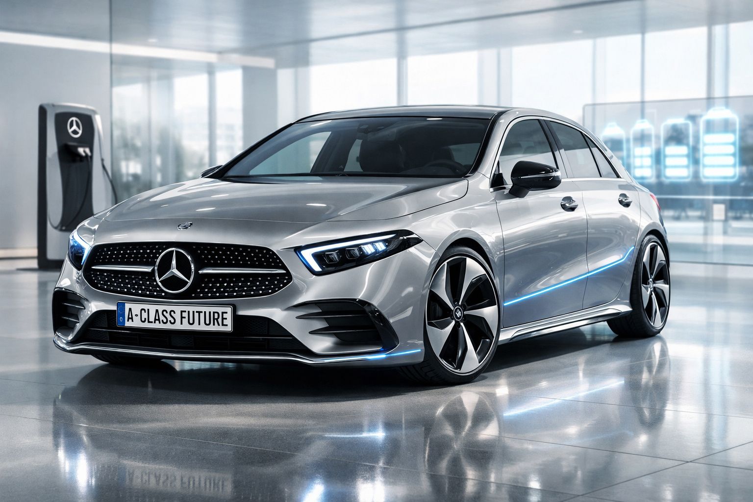 Carro Mercedes-Benz prateado estacionado num espaço moderno com carregador elétrico ao fundo.