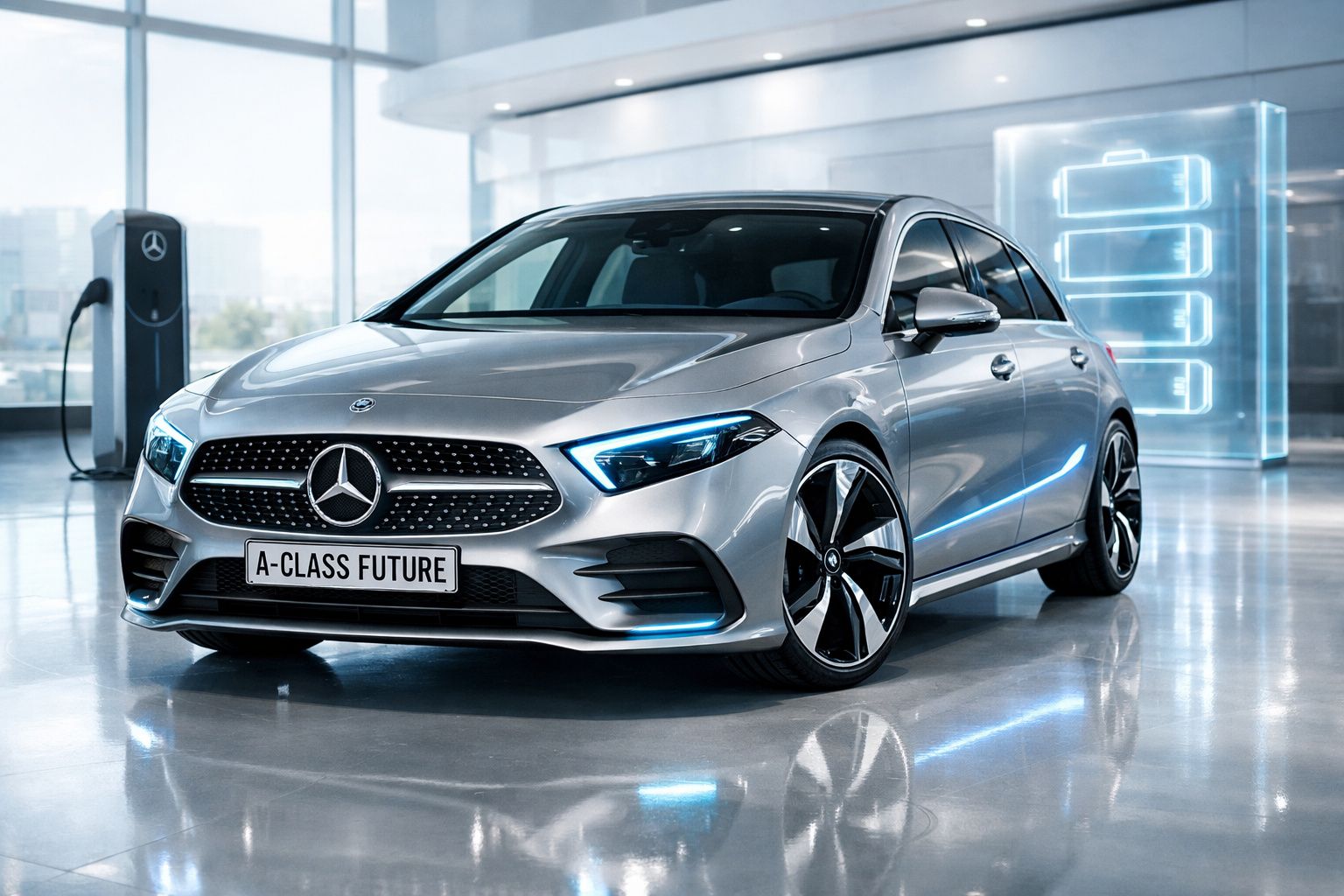 Mercedes-Benz A-Class Future prata estacionada em showroom moderno com carregador eléctrico ao fundo.