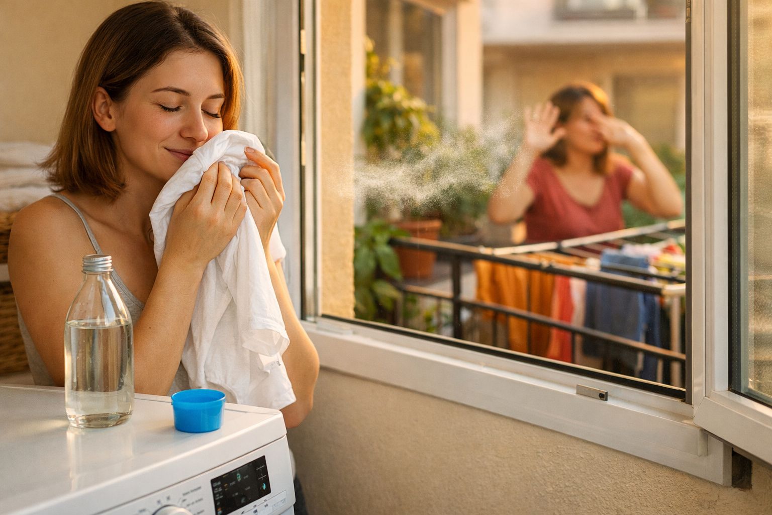 Mulher a cheirar roupa lavada com expressão feliz, enquanto outra no exterior tapa o rosto incomodada.