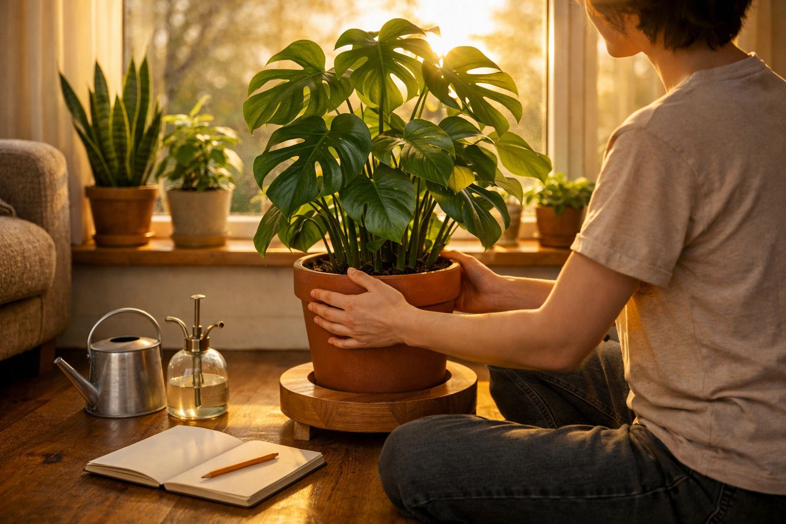 Pessoa a cuidar de planta em vaso grande junto a janela com luz natural num ambiente interior acolhedor.