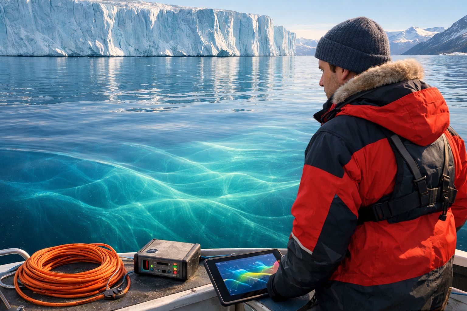 Homem em barco equipado com eletrónica observa água transparente e icebergue num ambiente polar.