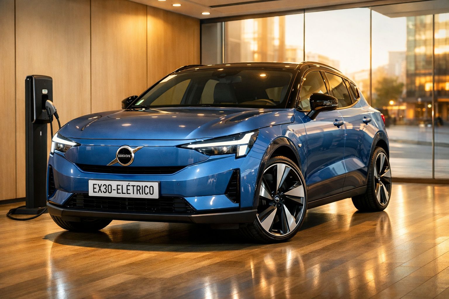 Carro elétrico Volvo azul estacionado em interiores com carregador ligado à parede.