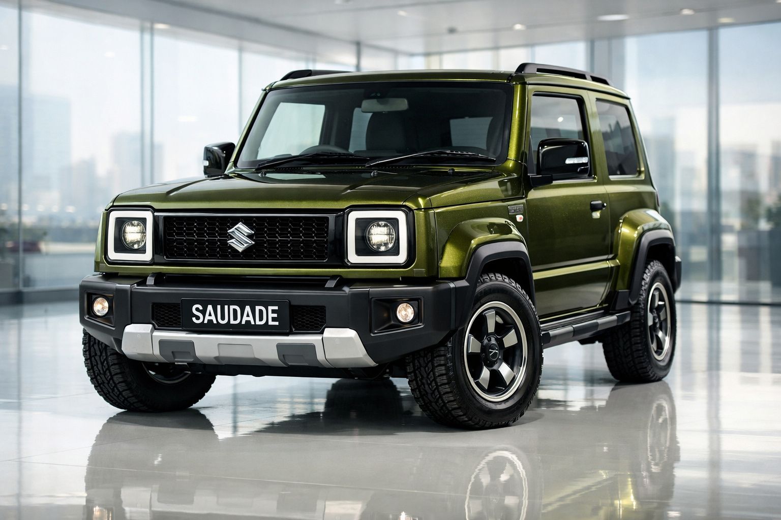 Veículo Suzuki Jimny verde exército com placa personalizada "SAUDADE" estacionado em espaço interior moderno e iluminado.