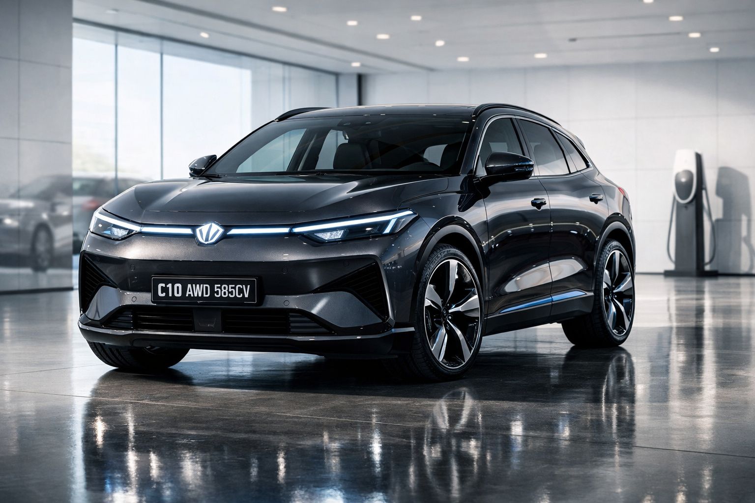 SUV elétrico moderno de cor preta estacionado em espaço interior com chão refletor.