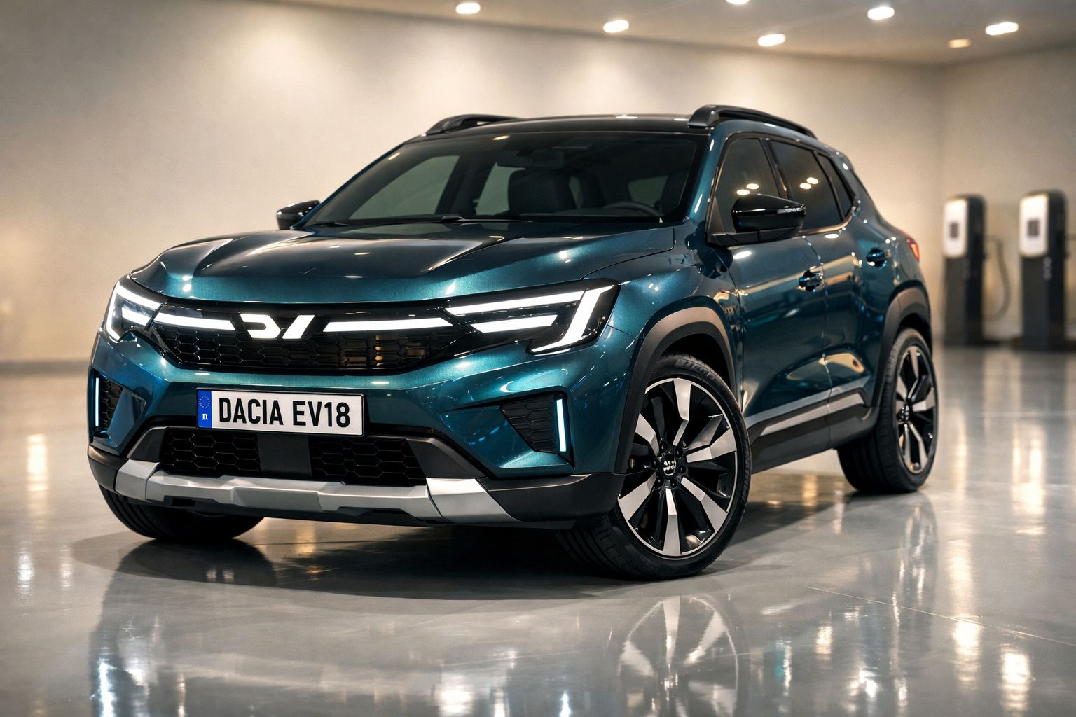 Veículo elétrico Dacia EV18 verde escuro estacionado em espaço interior moderno.