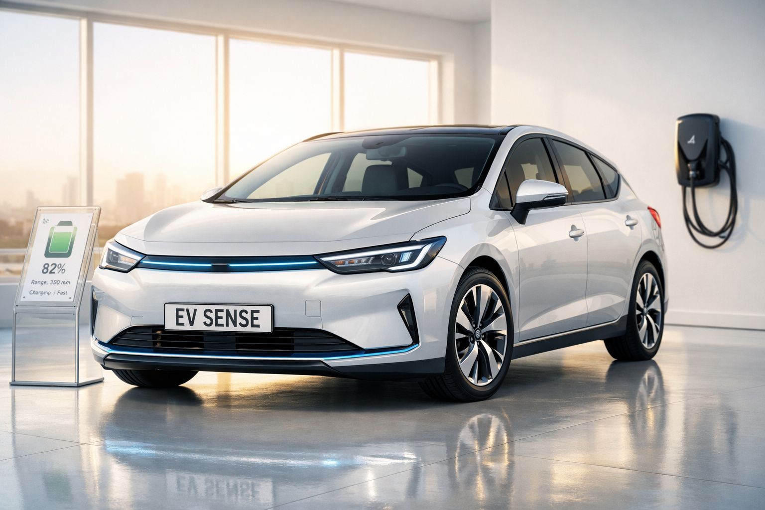 Carro elétrico branco EV Sense estacionado numa sala moderna com posto de carregamento na parede.