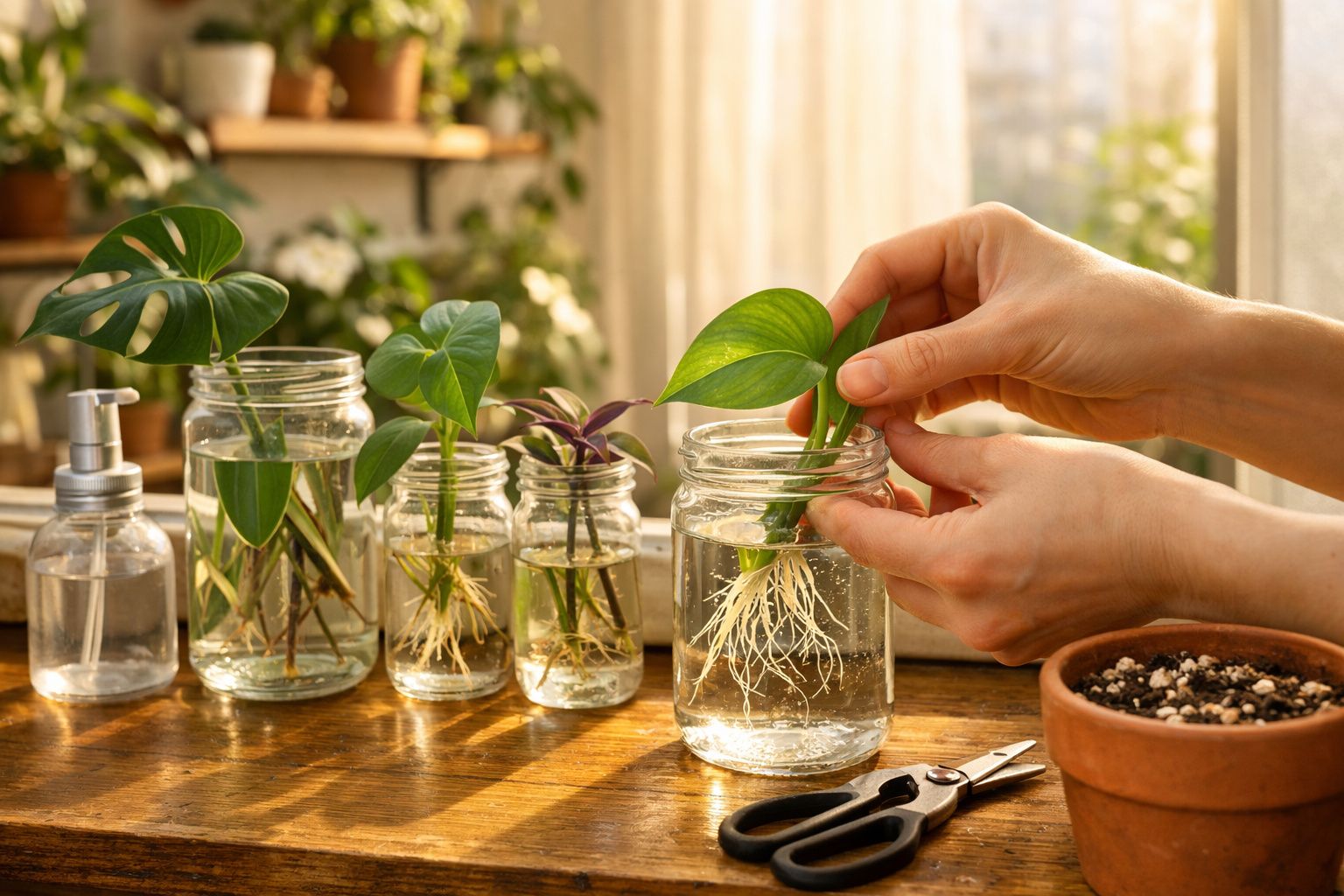 Mãos colocam estaca de planta com raízes em jarro de vidro com água para propagação caseira.