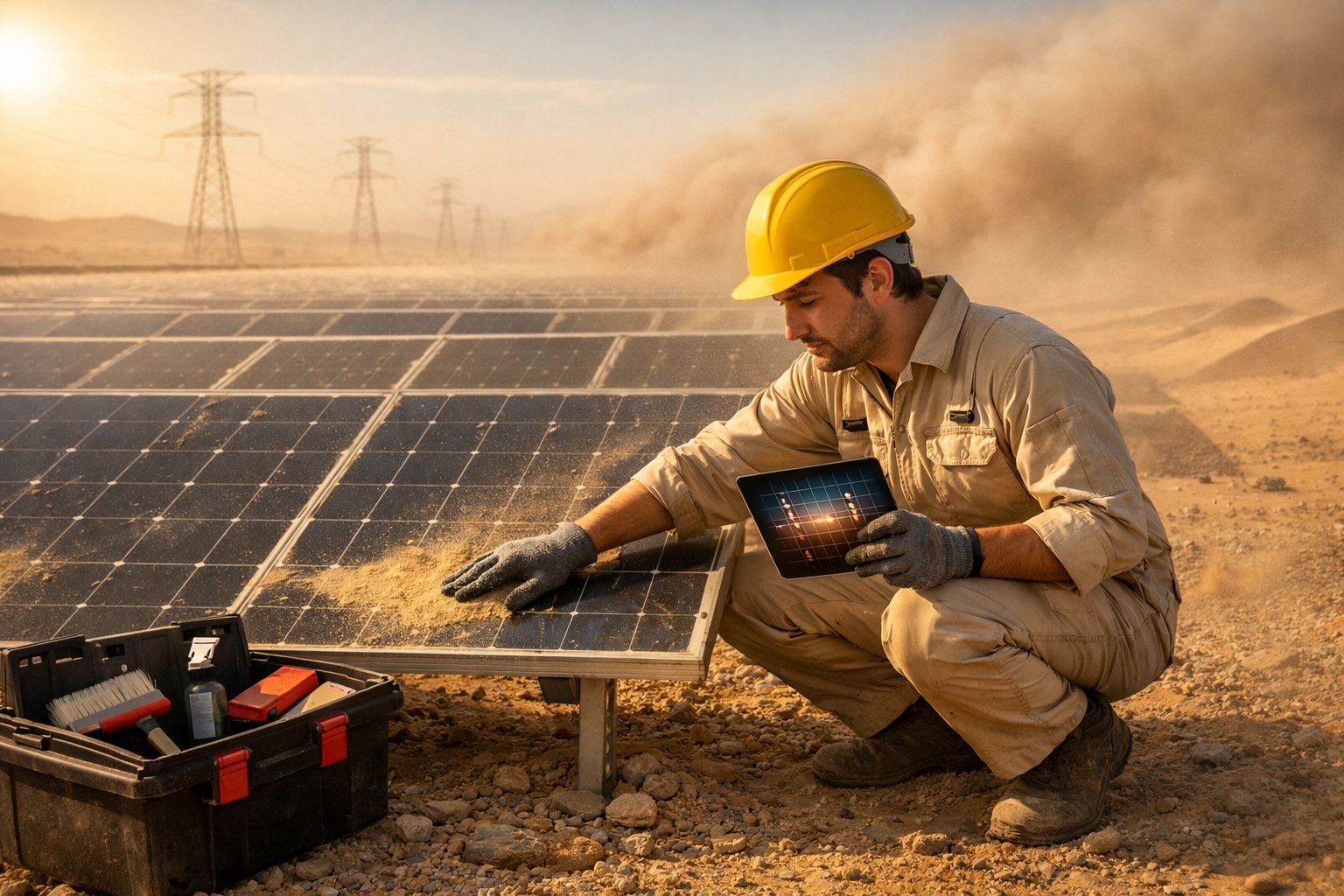 Homem com capacete amarelo limpa painel solar num ambiente árido com caixa de ferramentas ao lado.