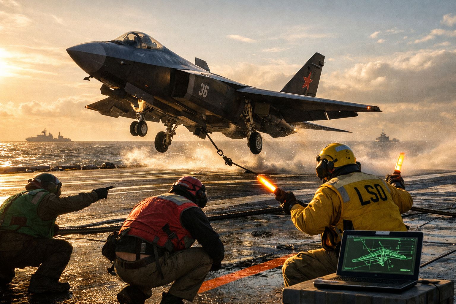 Caça a jato a descolar de porta-aviões ao pôr do sol, com tripulação a coordenar a operação no convés.