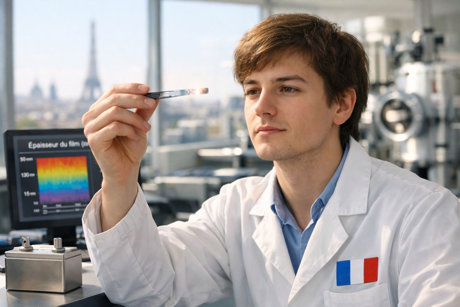 Cientista com bata branca analisa placa fina em laboratório com equipamento e gráfico ao fundo.
