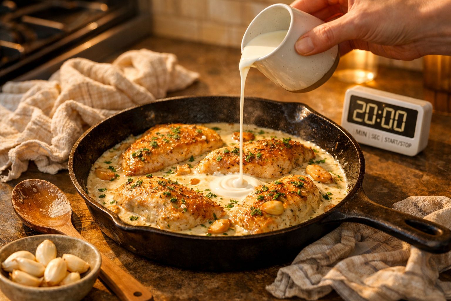 Frango dourado numa frigideira com molho cremoso sendo vertido, acompanhado de dentes de alho e ervas.