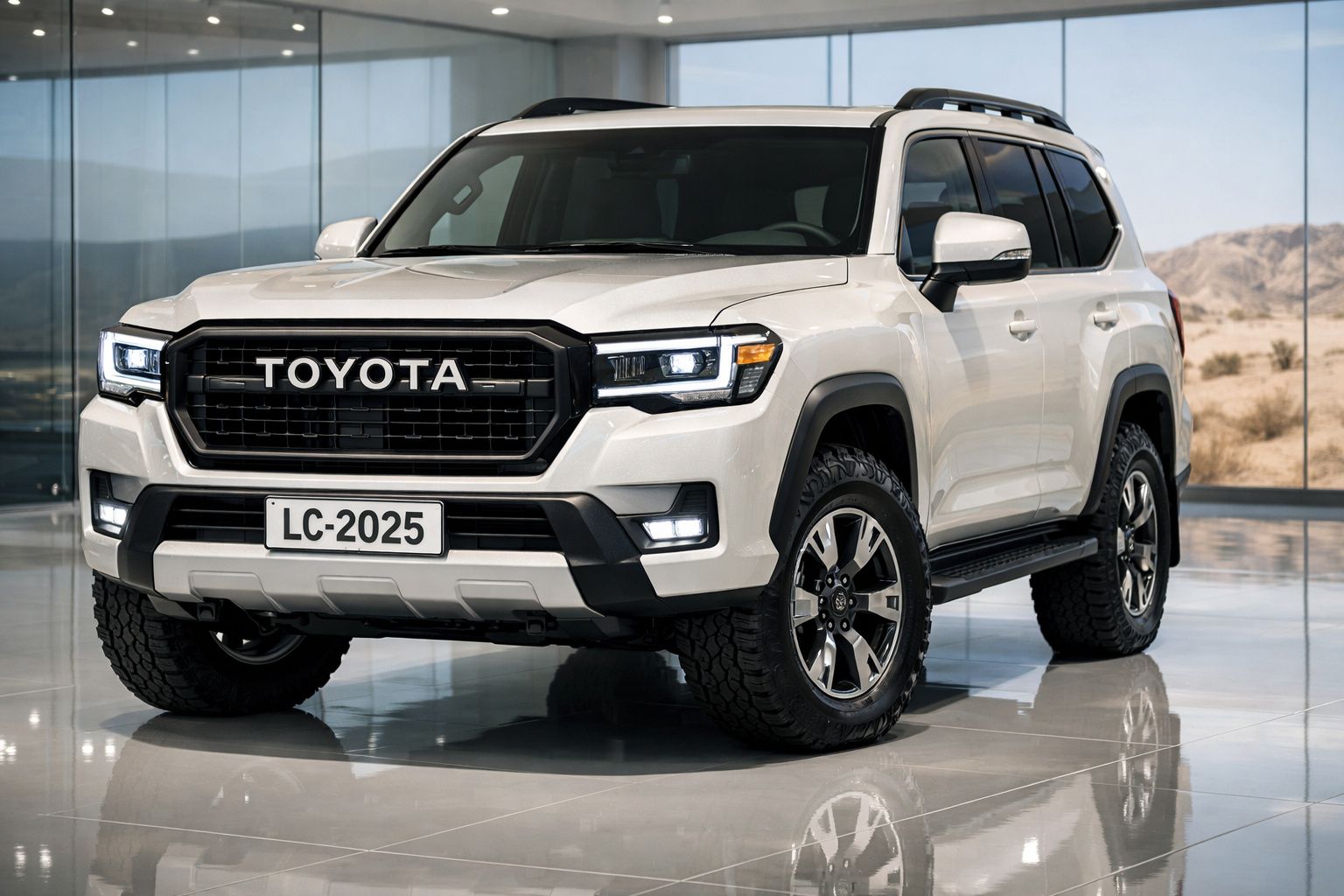 SUV Toyota branco estacionado em piso interior com faróis dianteiros acesos e matrícula LC-2025.