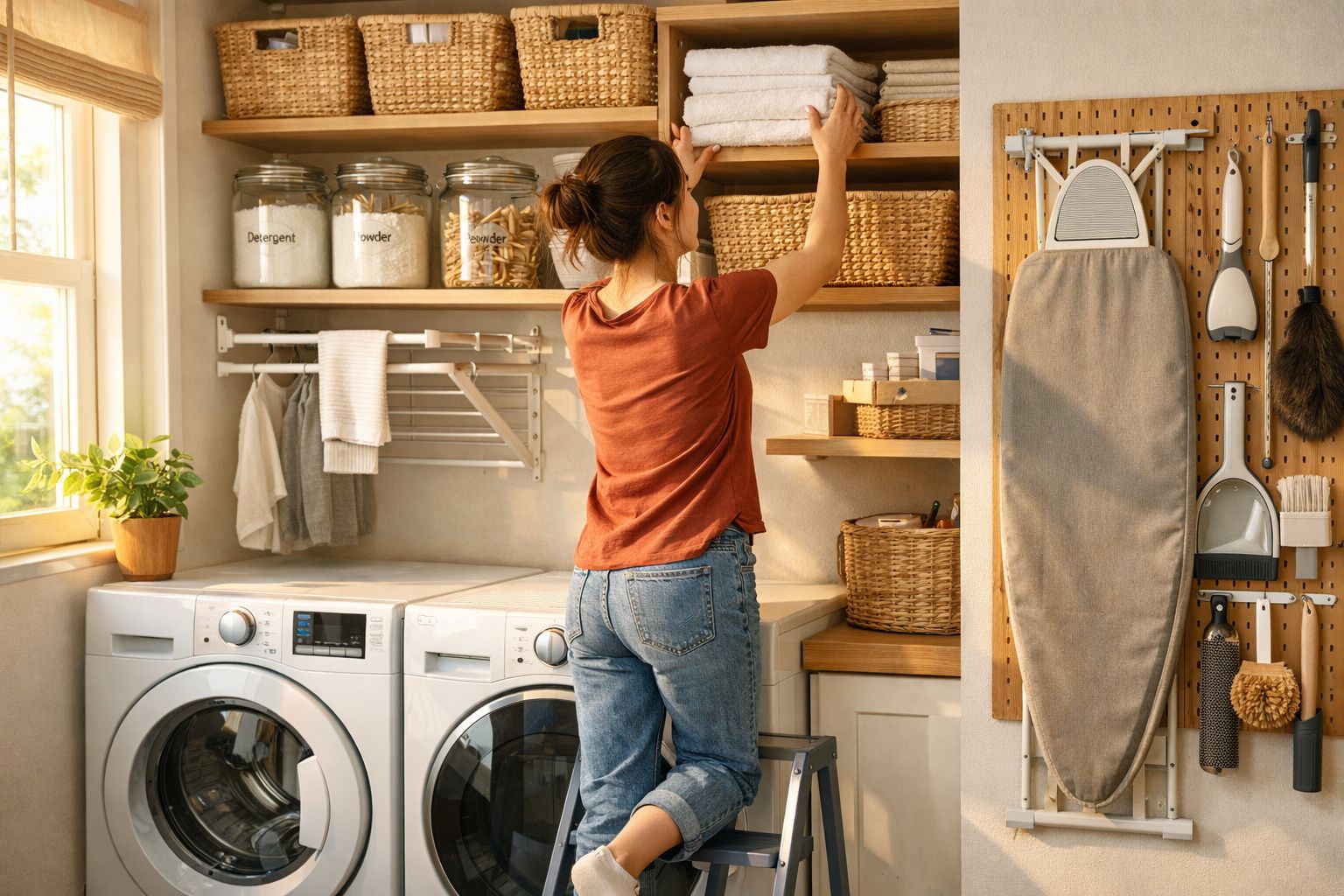 Mulher a organizar toalhas numa prateleira numa lavandaria com máquina de lavar e estendal.