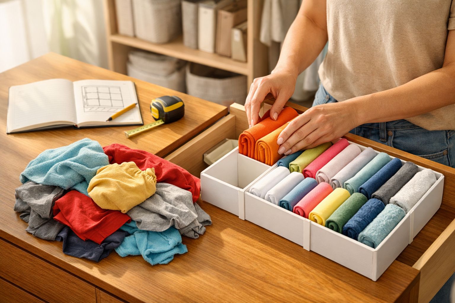 Pessoa a organizar roupas coloridas dobradas em gavetas de madeira com notebook aberto e fita métrica ao lado.