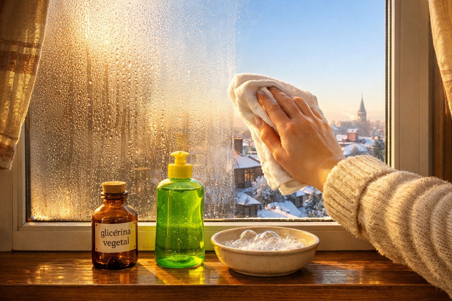 Mão limpa vidro de janela embaciado com pano, garrafas de glicerina vegetal e detergente sobre peitoril, vista de cidade neva