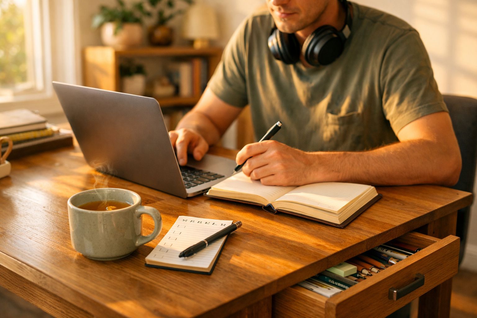 Pessoa a estudar com portátil, caderno, caneta, headphones e chá numa mesa de madeira iluminada pelo sol.