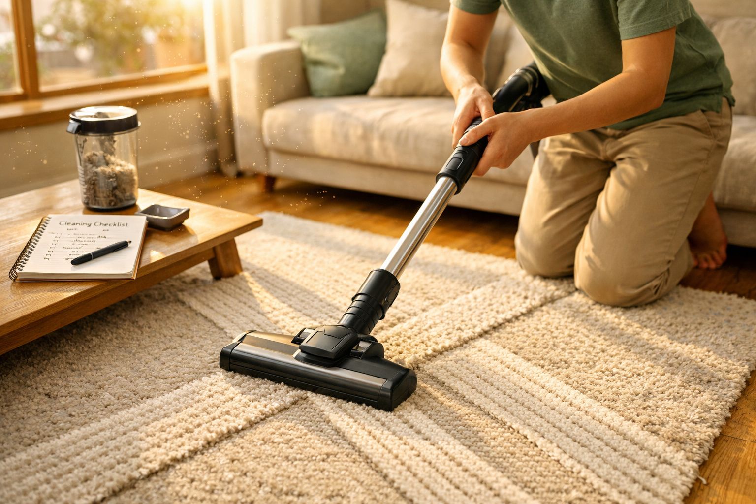 Pessoa a aspirar um tapete cinza claro numa sala com sofá e mesa de madeira.