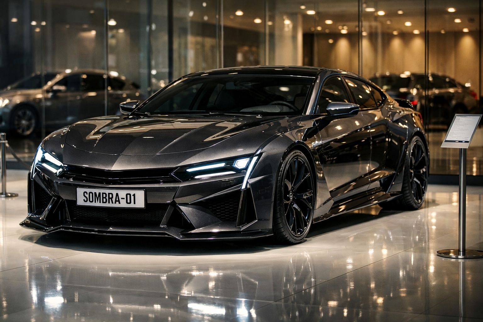 Carro desportivo preto com faróis LED acesos em exposição numa sala moderna.