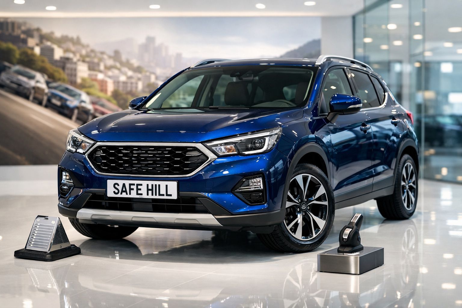 Carro SUV azul metálico em exposição numa sala moderna com chão espelhado e iluminação interior.