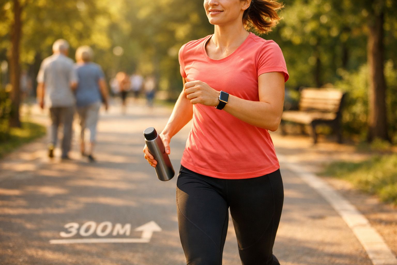 Mulher a correr num parque, veste t-shirt rosa e segura garrafa metálica, com smartwatch no pulso.