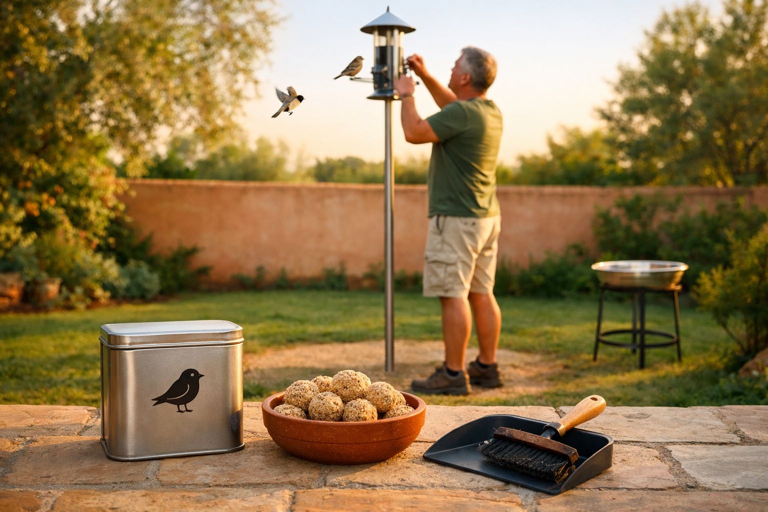Homem a encher comedouro para pássaros no jardim ao pôr do sol, com comida e utensílios à frente.