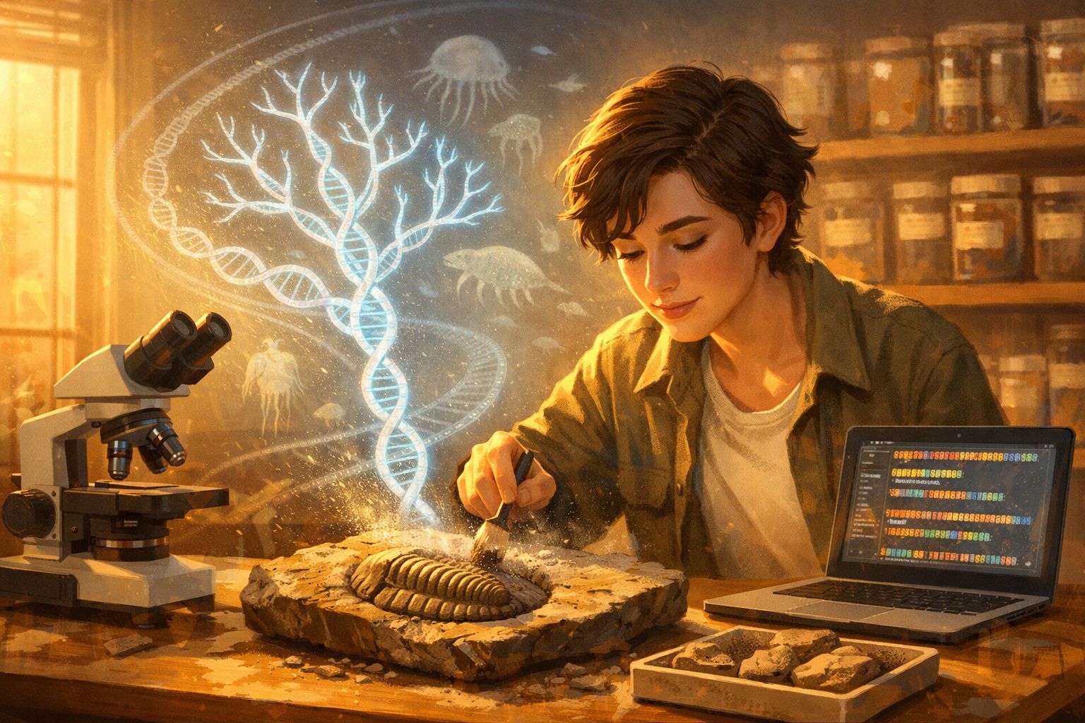 Jovem cientista analisa fóssil com microscópio e laptop, enquanto surge hélice de DNA iluminada no ar.