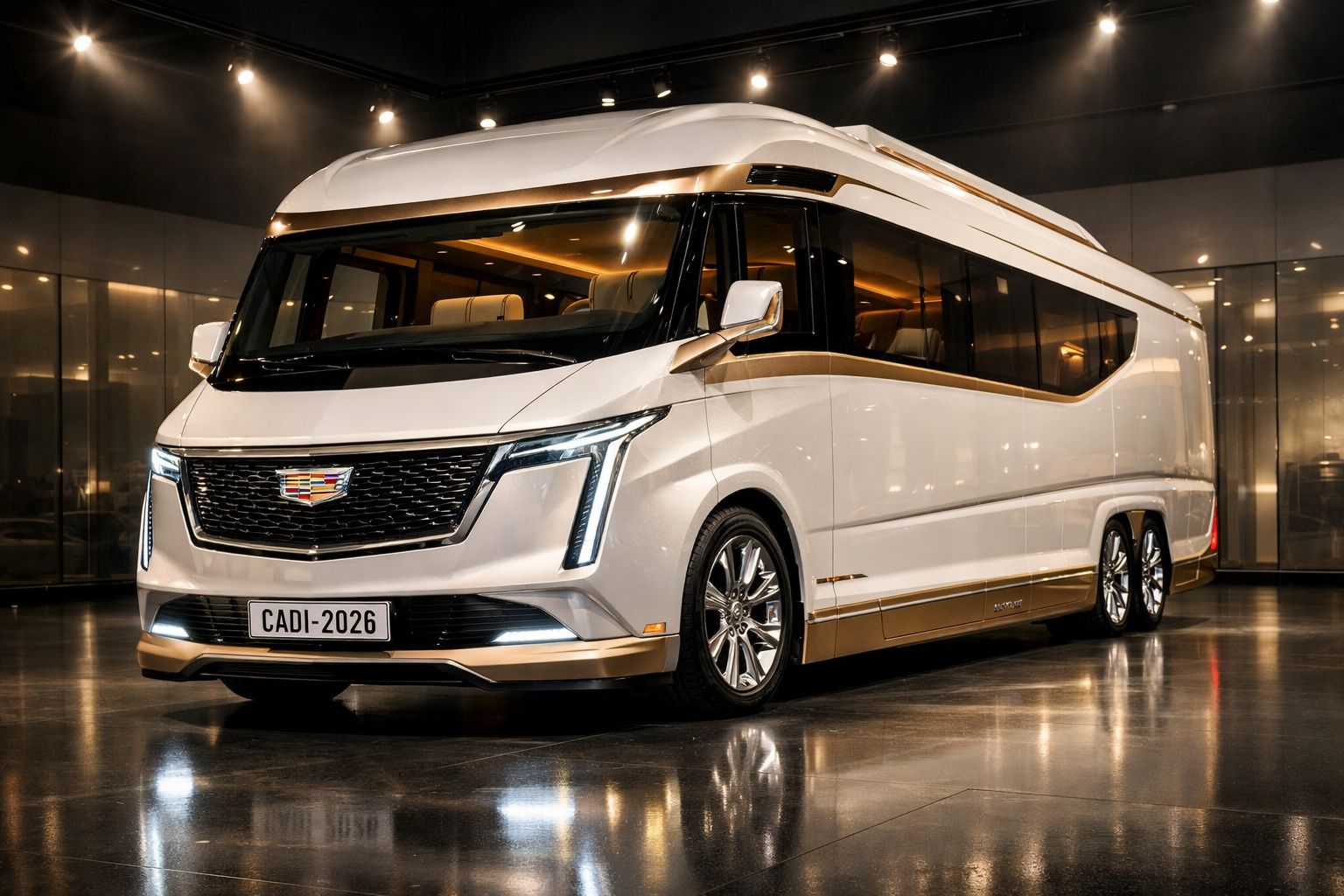 Autocaravana moderna branca da Cadillac com design aerodinâmico e janelas amplas iluminada em espaço interior.