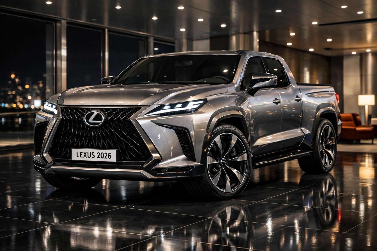 Pick-up Lexus 2026 prata estacionada em ambiente interior moderno, luzes LED acesas.