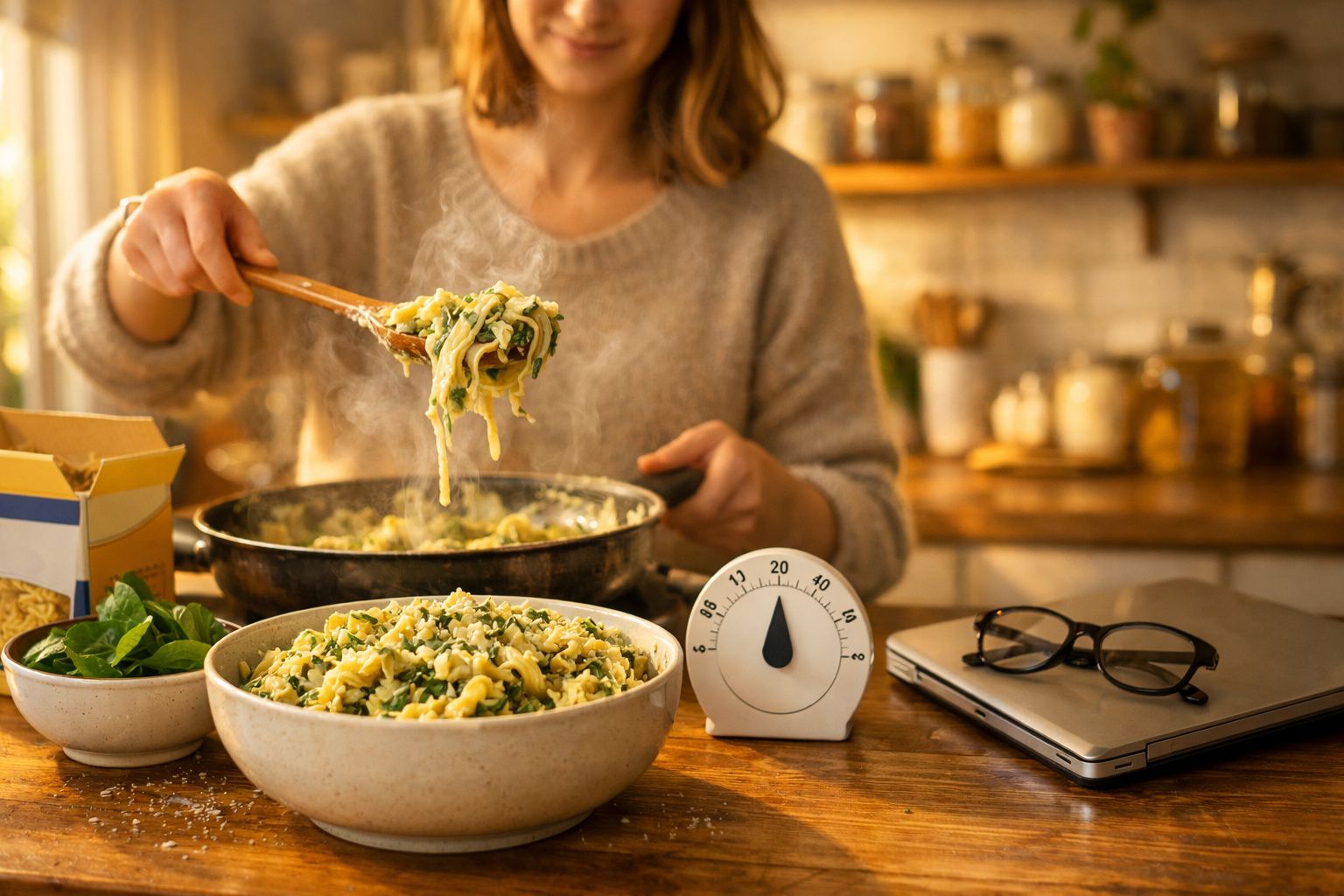 Pessoa a cozinhar massa com espinafres numa cozinha acolhedora, com temporizador a marcar 12 minutos.