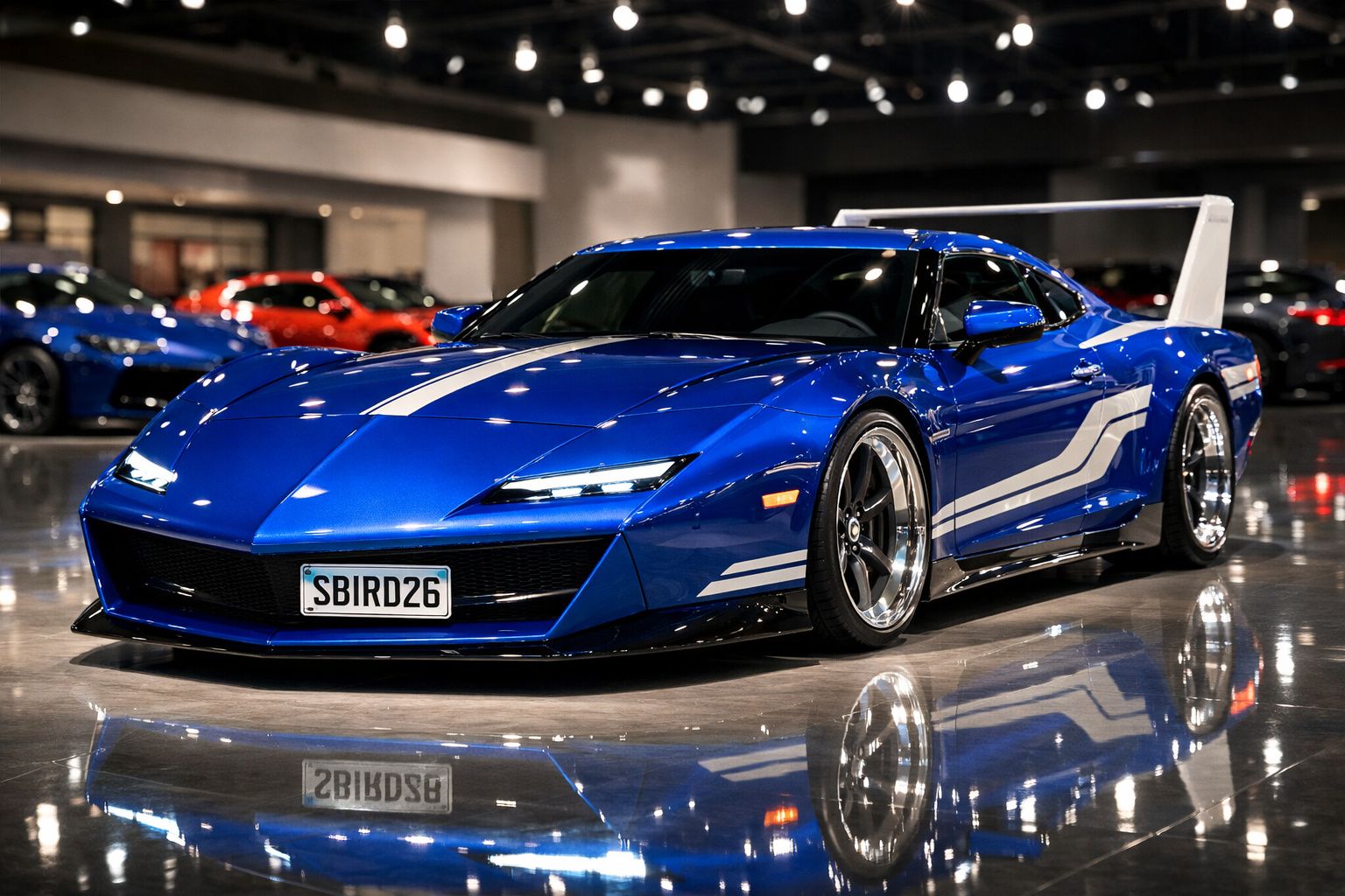 Carro desportivo azul com riscas brancas e asa traseira, exibido em ambiente interno com reflexos no chão.
