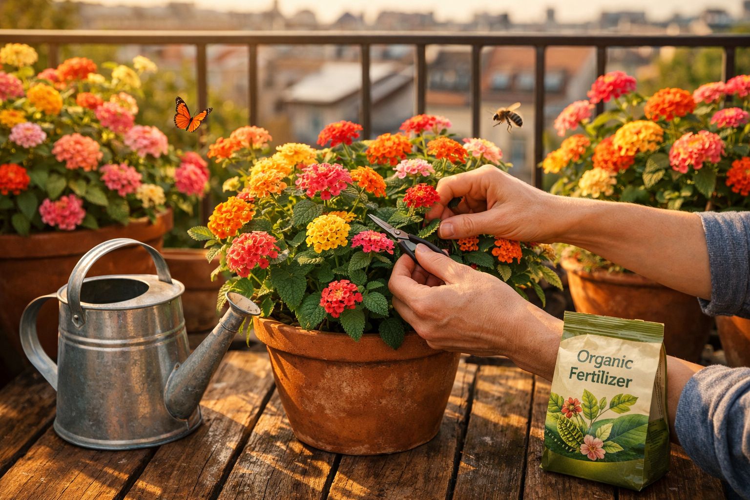 Mãos a podar flores coloridas em vaso, regador metálico e saco de fertilizante orgânico num terraço.