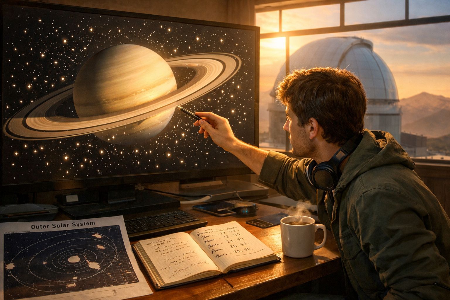 Homem a apontar para imagem digital do planeta Saturno num ecrã, com material de estudo e café numa secretária.