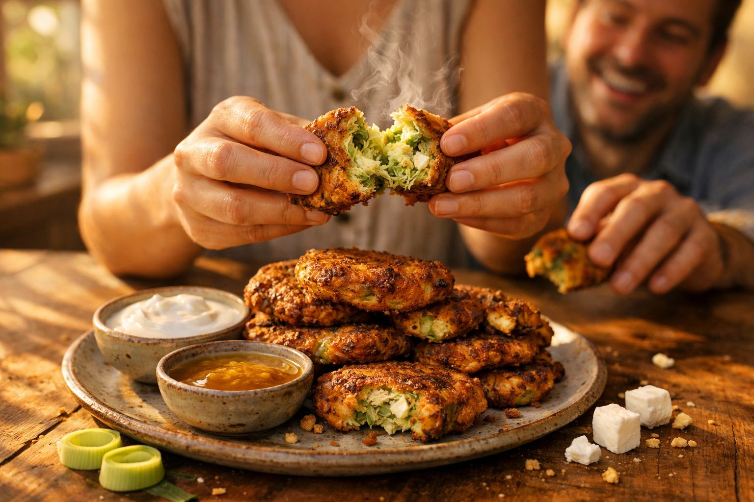 Pessoa a partir ao meio uma bolinha frita de legumes ao lado de molho e queijo feta num prato.